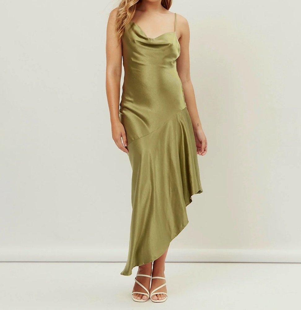Selfie Leslie Sage Green Satin Cowl Neckline Asymmetrical Hem Midi Dress Size S